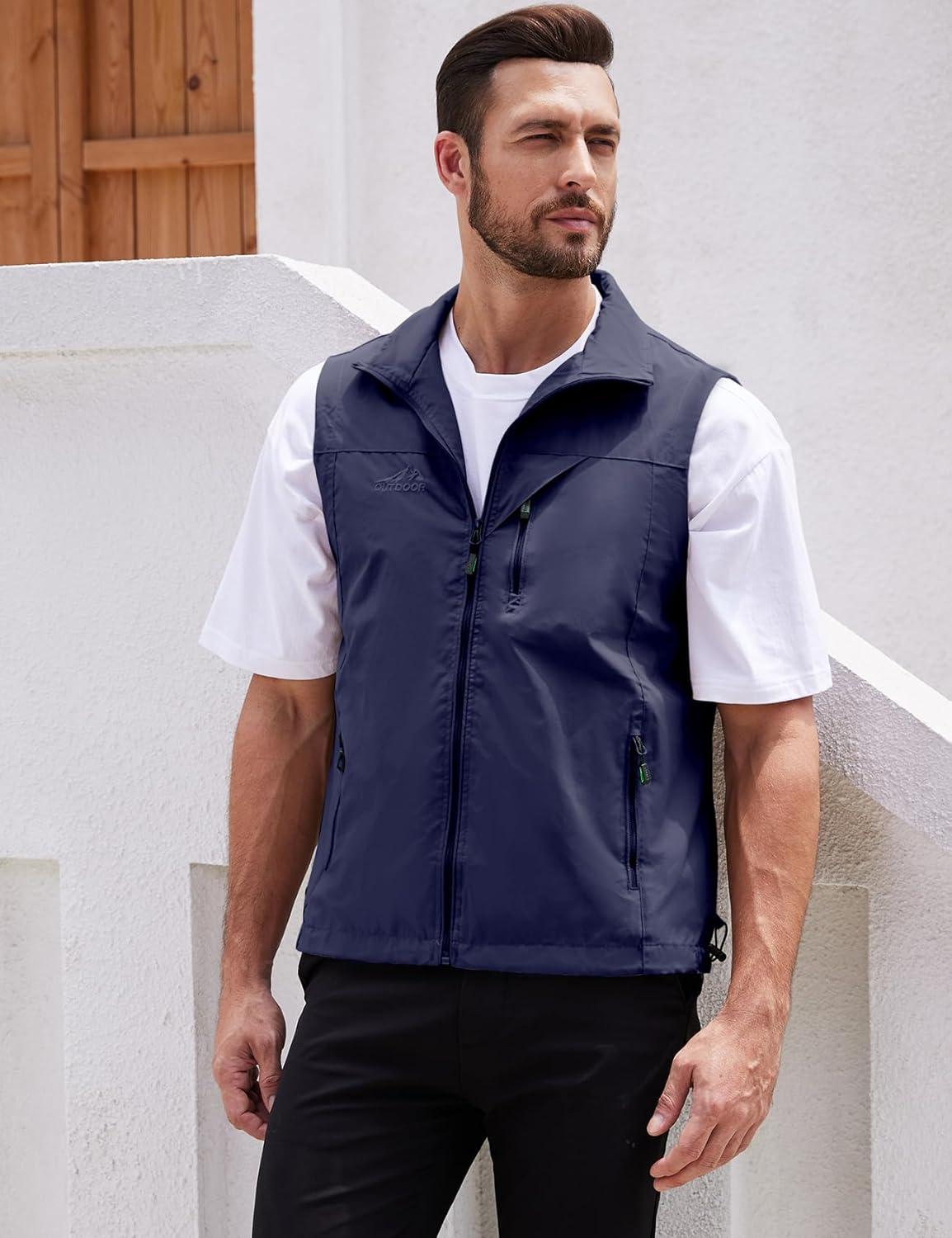 imageGihuo Mens Lightweight Softshell Sleeveless Golf Vest with Zipper Pockets for Travel Hiking Fishing Safari OutwearNavy