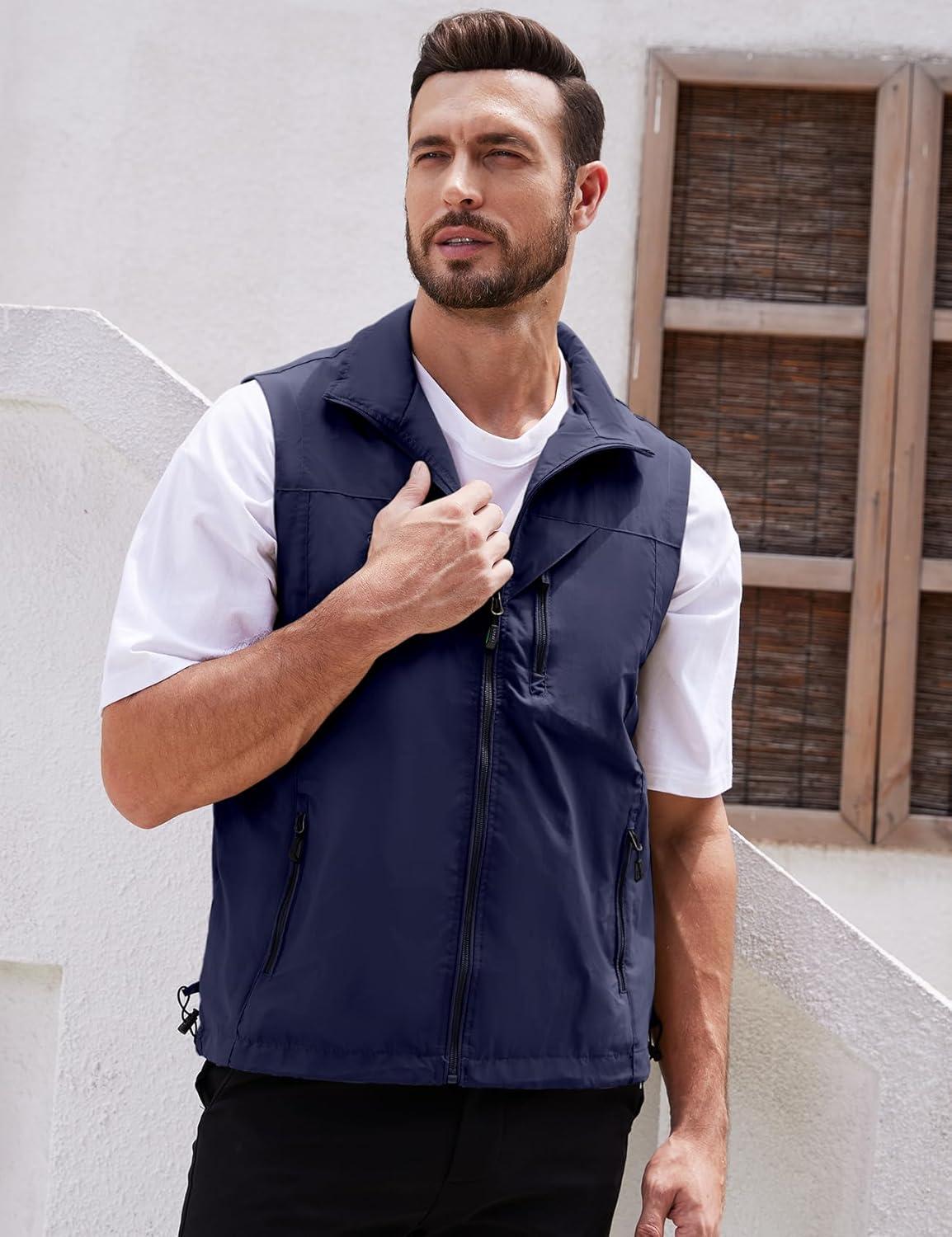 imageGihuo Mens Lightweight Softshell Sleeveless Golf Vest with Zipper Pockets for Travel Hiking Fishing Safari OutwearNavy