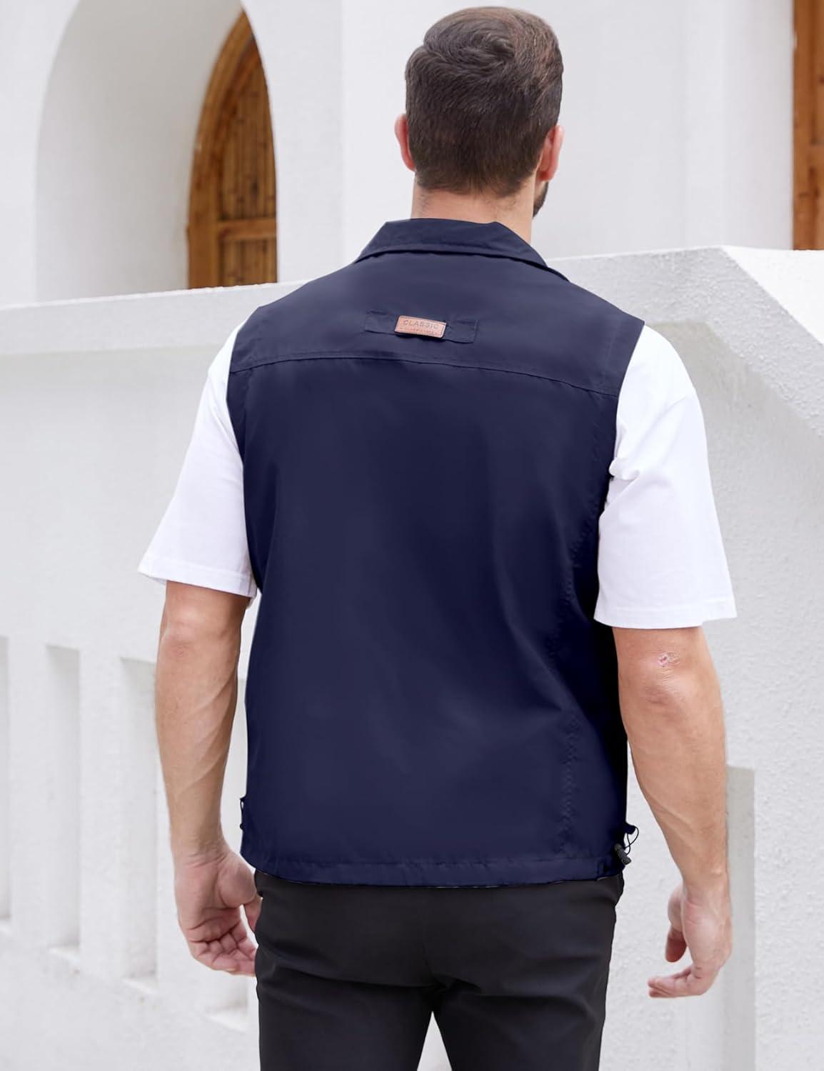 imageGihuo Mens Lightweight Softshell Sleeveless Golf Vest with Zipper Pockets for Travel Hiking Fishing Safari OutwearNavy