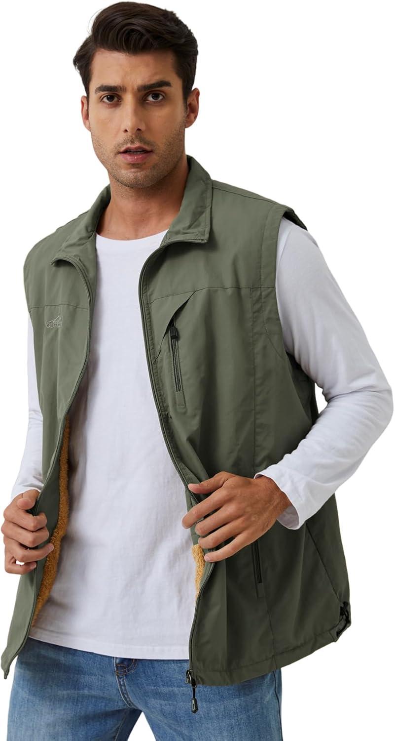 imageGihuo Mens Sherpa Lined Fleece Vest Winter Fishing Travel Utility Vest GiletArmy Green