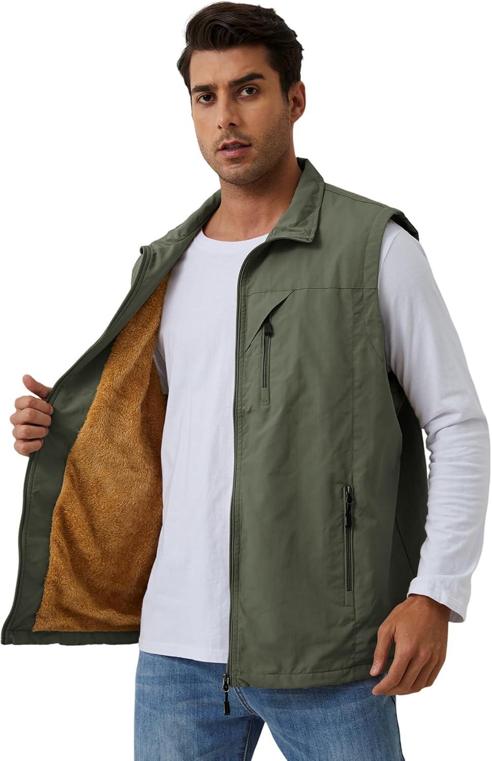 imageGihuo Mens Sherpa Lined Fleece Vest Winter Fishing Travel Utility Vest GiletArmy Green