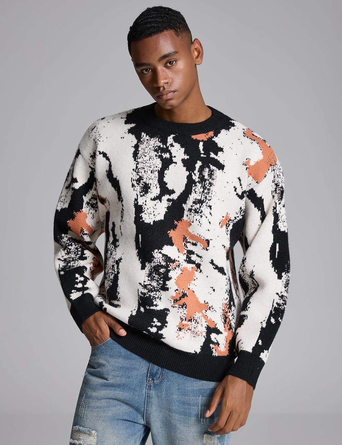 imageGihuo Mens Sweater Vintage Cow Printed Sweater Pullover Sweaters Crewneck Oversized Kawaii Sweater Knit Tops JumperBblack