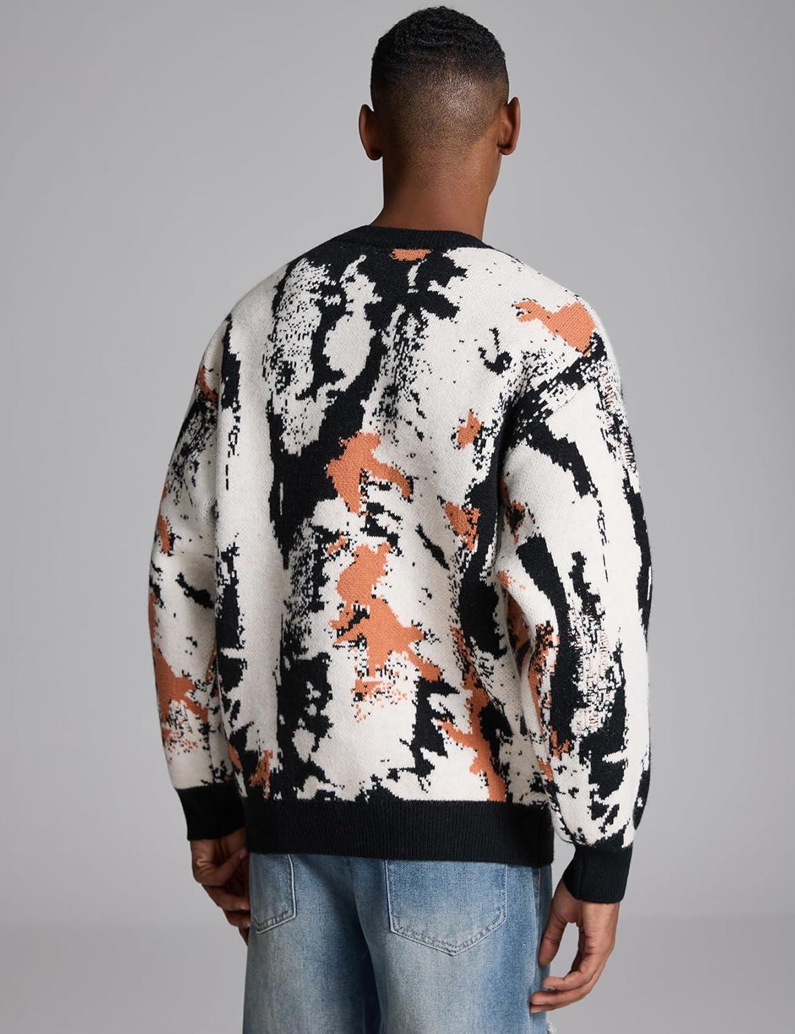 imageGihuo Mens Sweater Vintage Cow Printed Sweater Pullover Sweaters Crewneck Oversized Kawaii Sweater Knit Tops JumperBblack