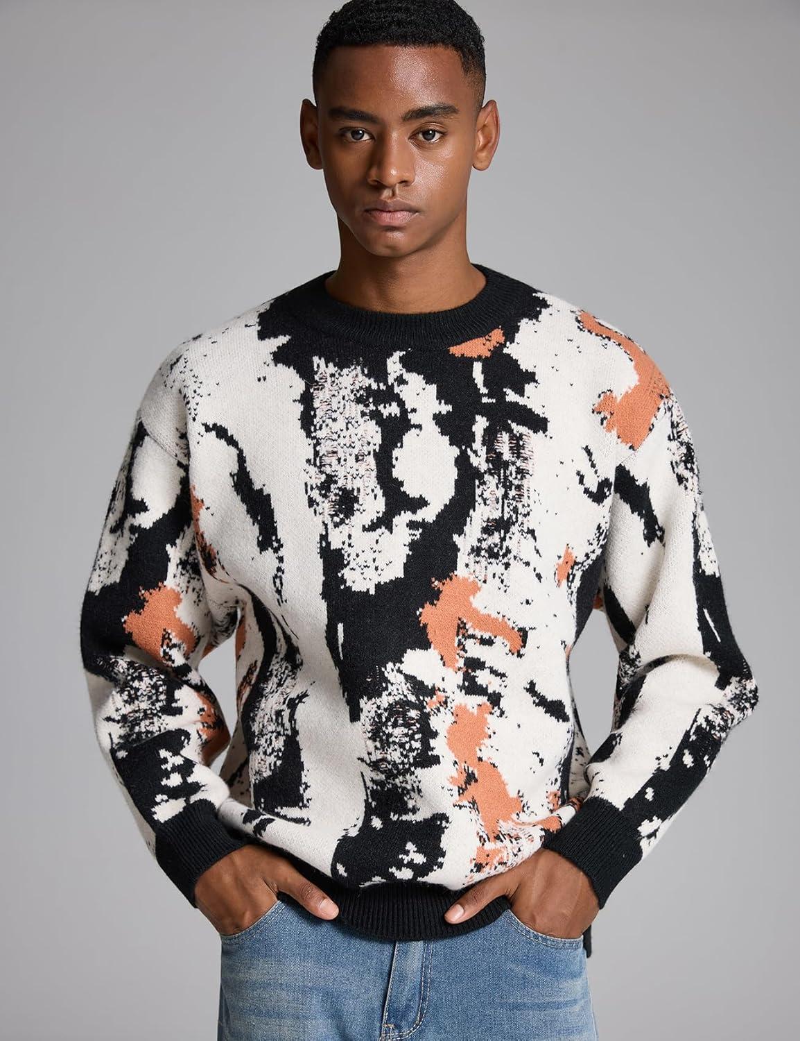 imageGihuo Mens Sweater Vintage Cow Printed Sweater Pullover Sweaters Crewneck Oversized Kawaii Sweater Knit Tops JumperBblack
