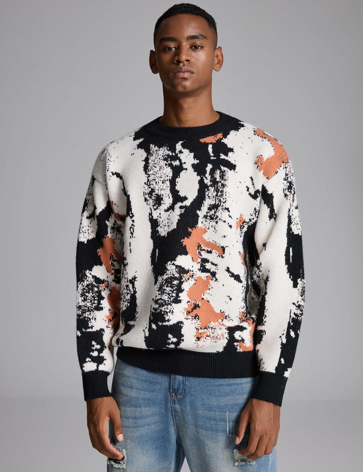 imageGihuo Mens Sweater Vintage Cow Printed Sweater Pullover Sweaters Crewneck Oversized Kawaii Sweater Knit Tops JumperBblack