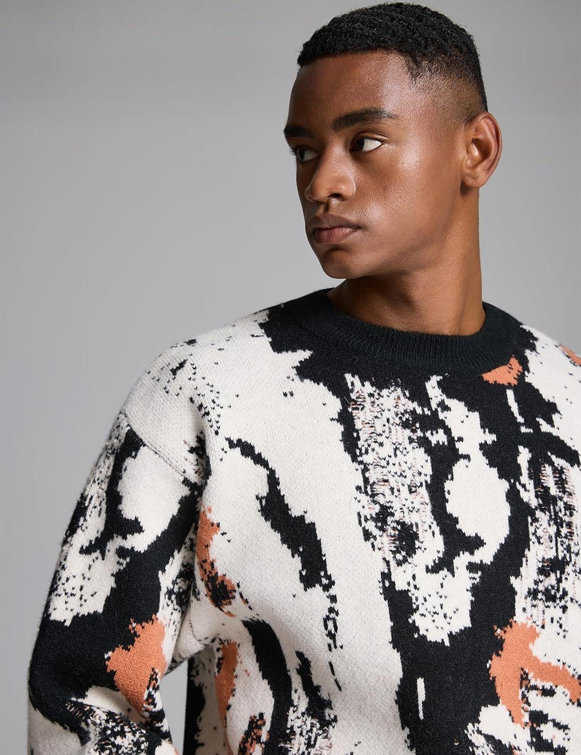 imageGihuo Mens Sweater Vintage Cow Printed Sweater Pullover Sweaters Crewneck Oversized Kawaii Sweater Knit Tops JumperBblack