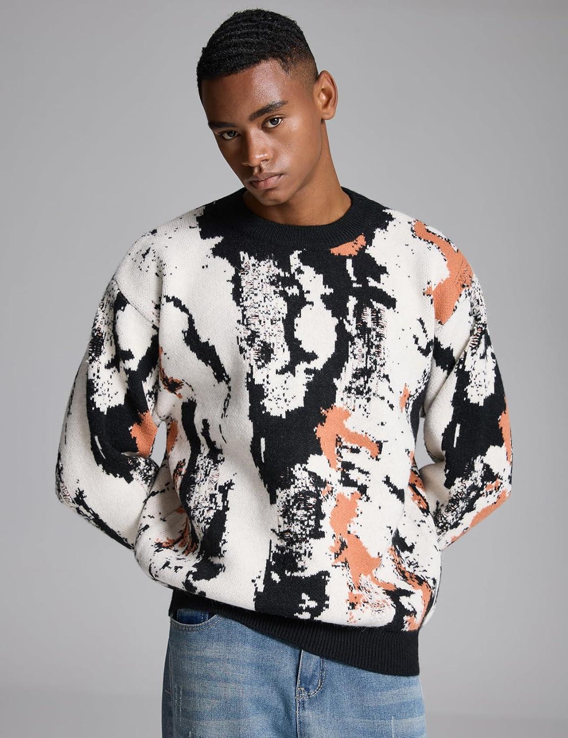 imageGihuo Mens Sweater Vintage Cow Printed Sweater Pullover Sweaters Crewneck Oversized Kawaii Sweater Knit Tops JumperBblack