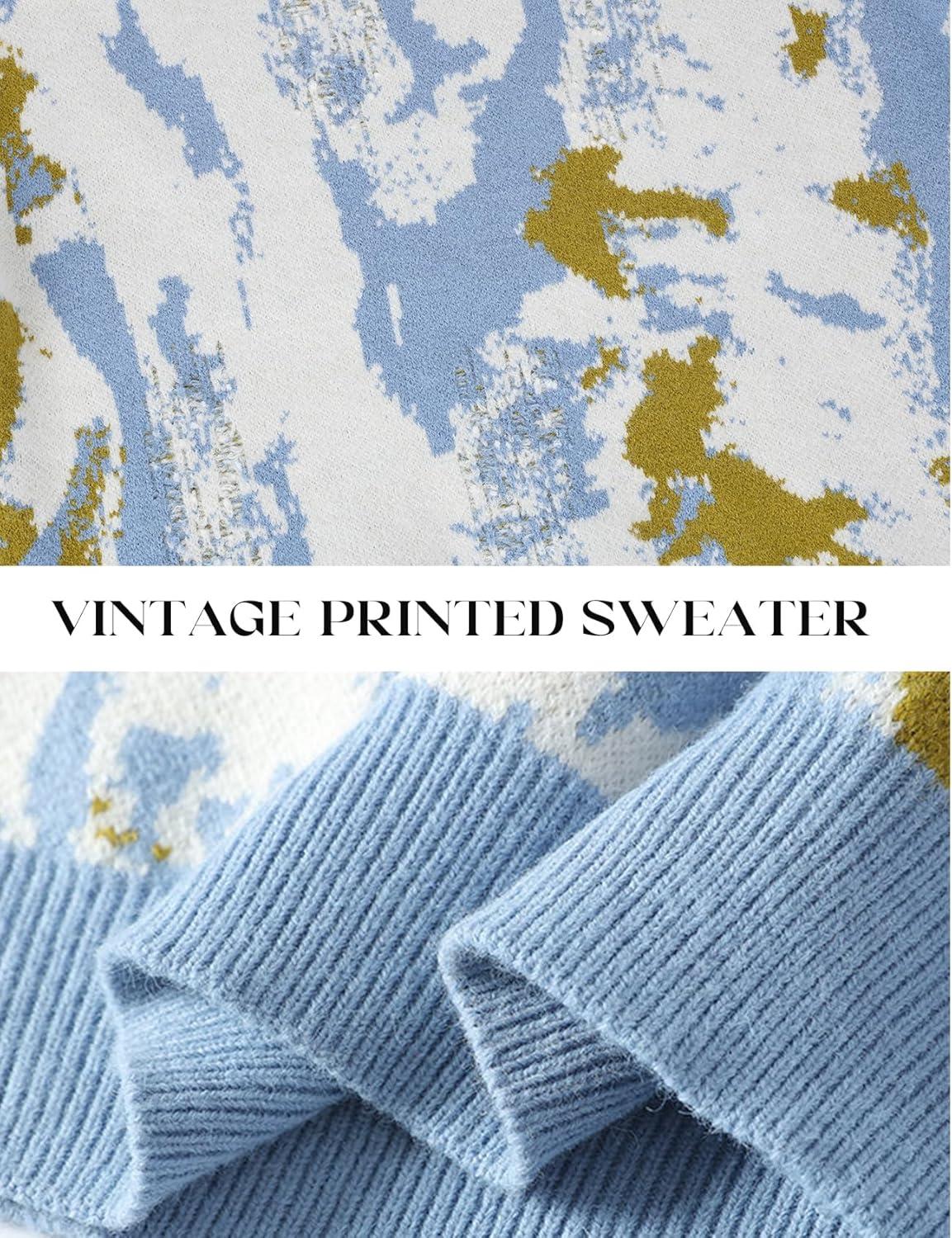 imageGihuo Mens Sweater Vintage Cow Printed Sweater Pullover Sweaters Crewneck Oversized Kawaii Sweater Knit Tops JumperBblue