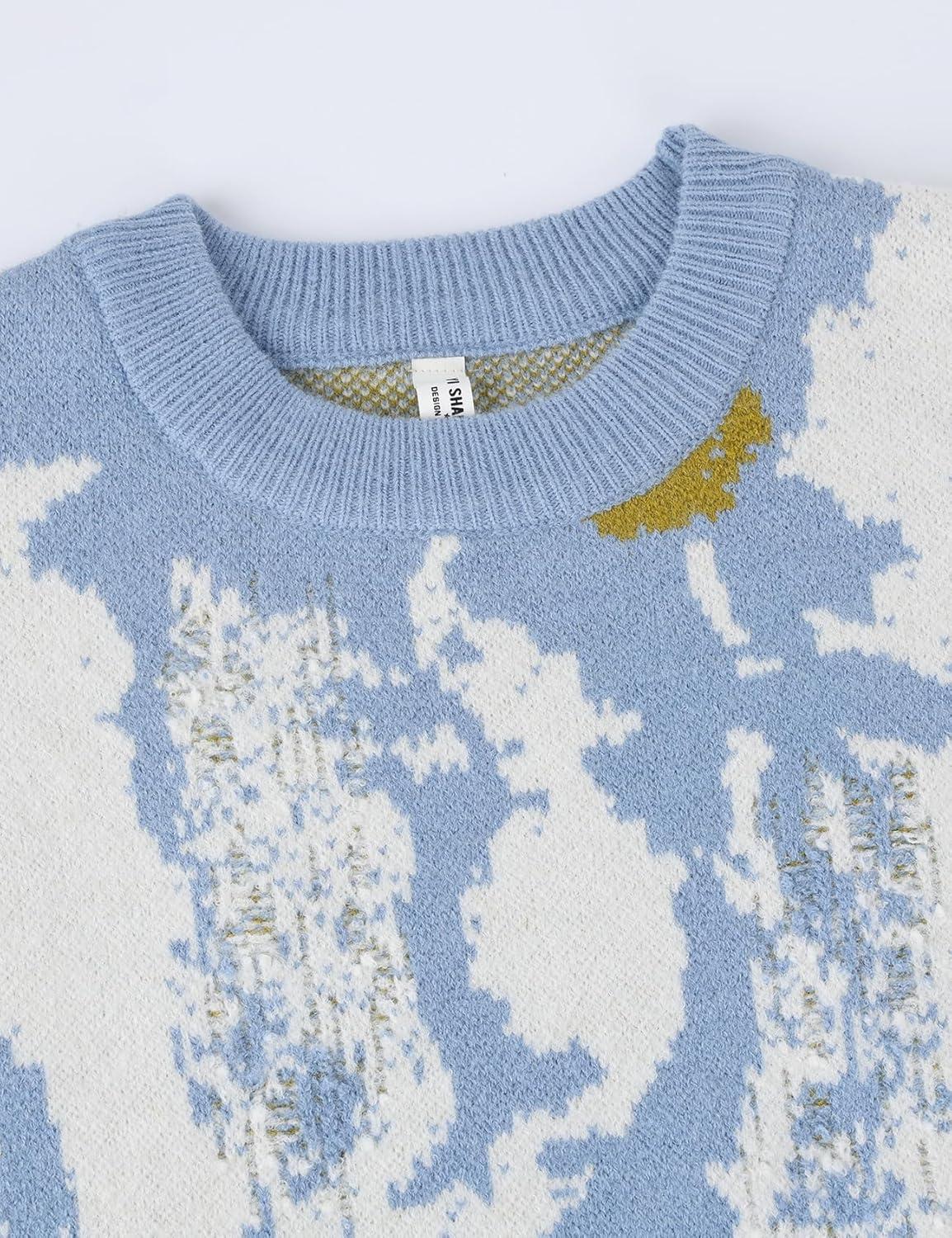 imageGihuo Mens Sweater Vintage Cow Printed Sweater Pullover Sweaters Crewneck Oversized Kawaii Sweater Knit Tops JumperBblue