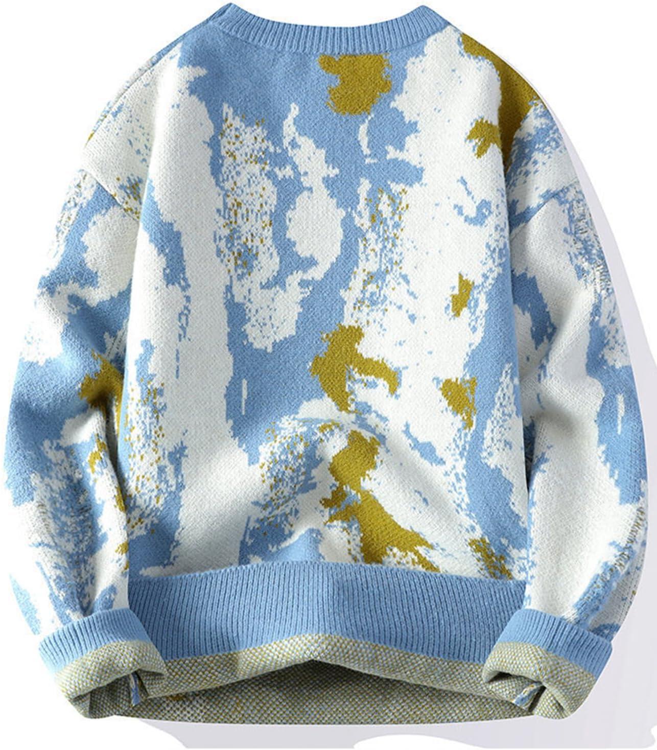 imageGihuo Mens Sweater Vintage Cow Printed Sweater Pullover Sweaters Crewneck Oversized Kawaii Sweater Knit Tops JumperBblue