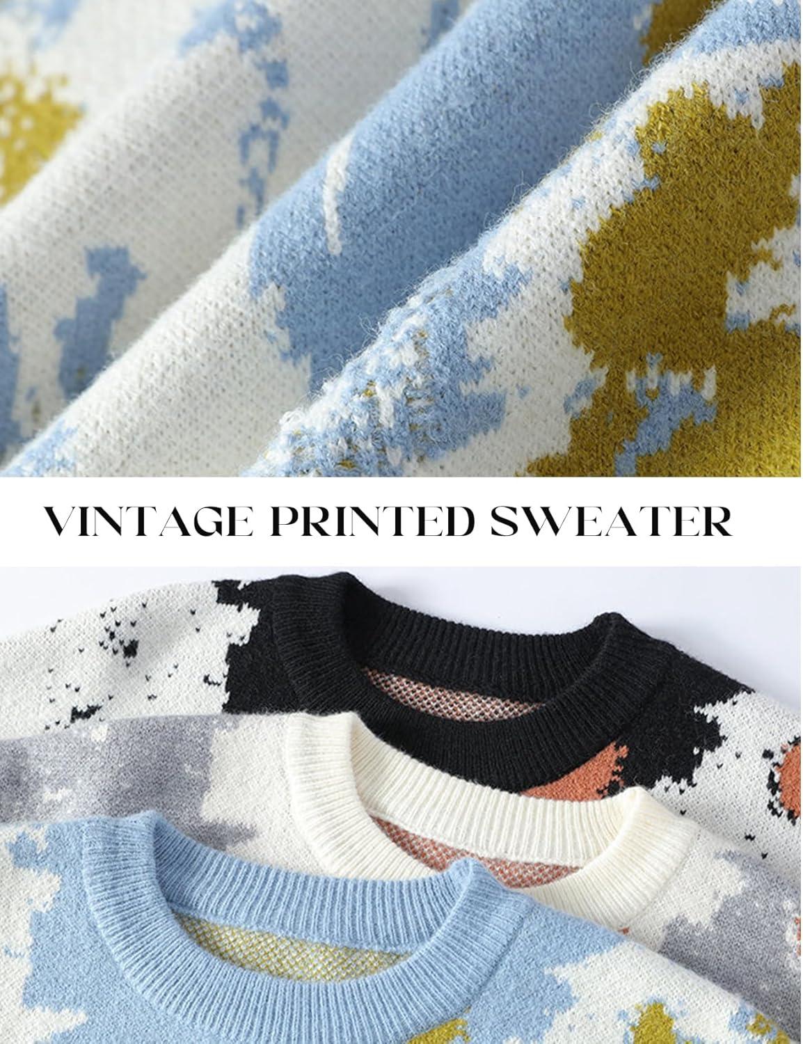 imageGihuo Mens Sweater Vintage Cow Printed Sweater Pullover Sweaters Crewneck Oversized Kawaii Sweater Knit Tops JumperBblue