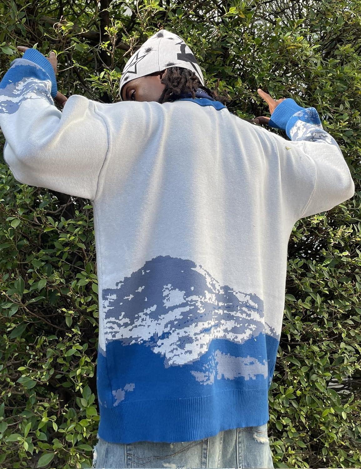 imageGihuo Mens Sweater Vintage Cow Printed Sweater Pullover Sweaters Crewneck Oversized Kawaii Sweater Knit Tops JumperBlue