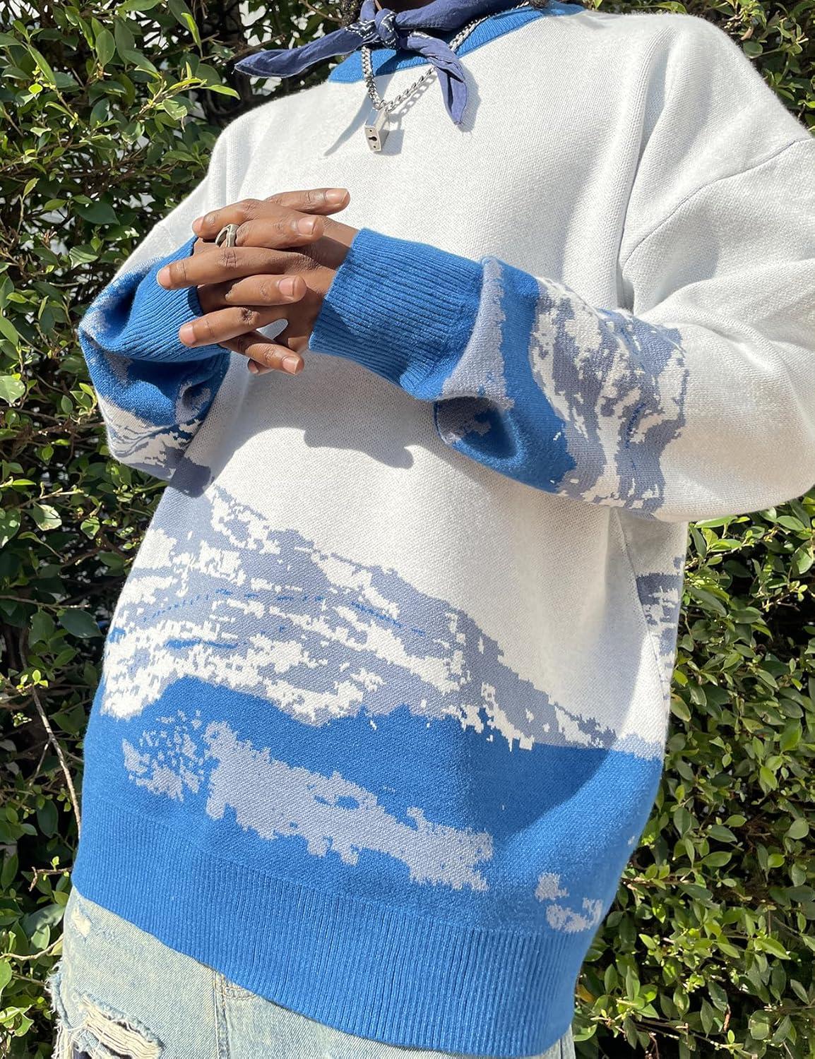 imageGihuo Mens Sweater Vintage Cow Printed Sweater Pullover Sweaters Crewneck Oversized Kawaii Sweater Knit Tops JumperBlue
