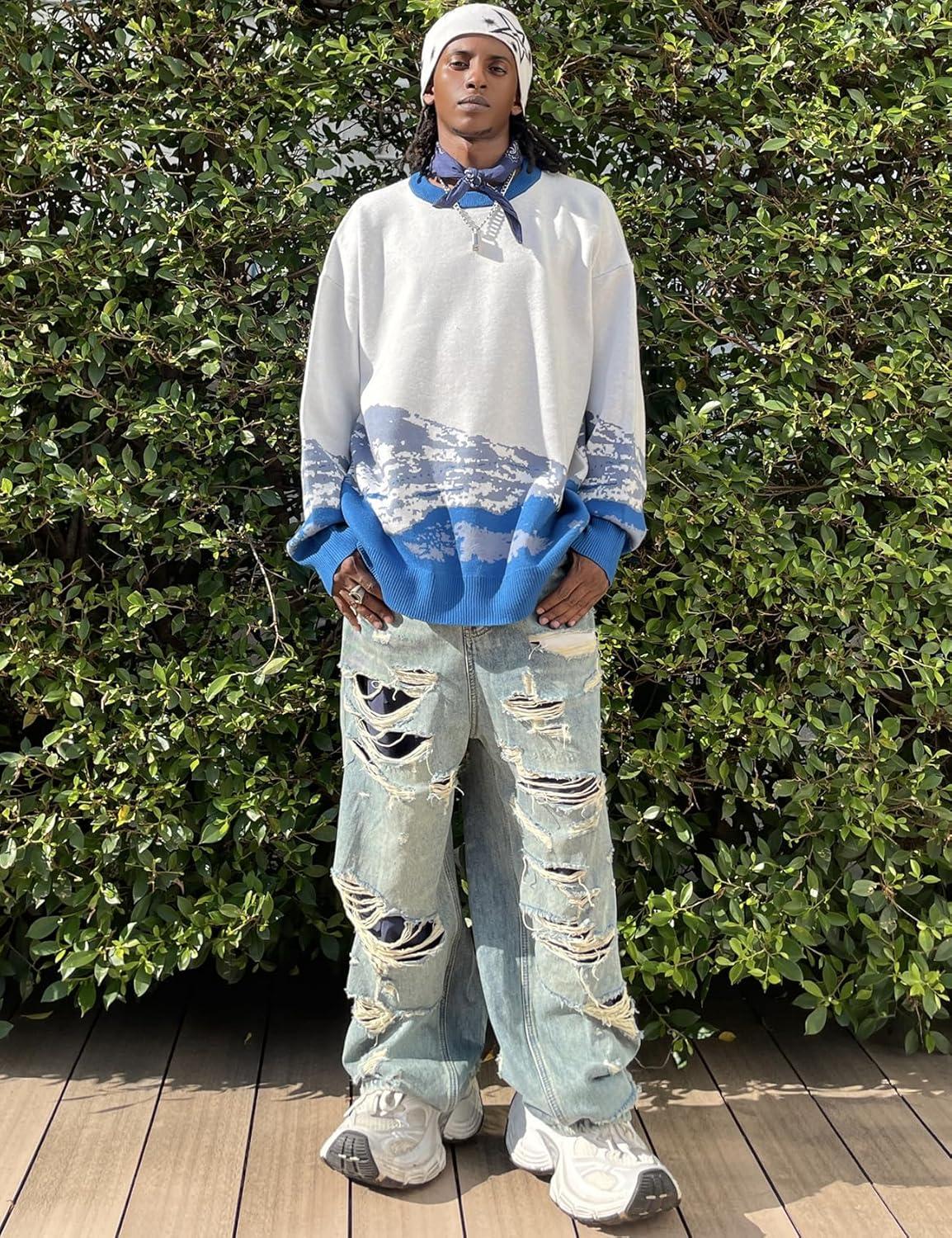imageGihuo Mens Sweater Vintage Cow Printed Sweater Pullover Sweaters Crewneck Oversized Kawaii Sweater Knit Tops JumperBlue