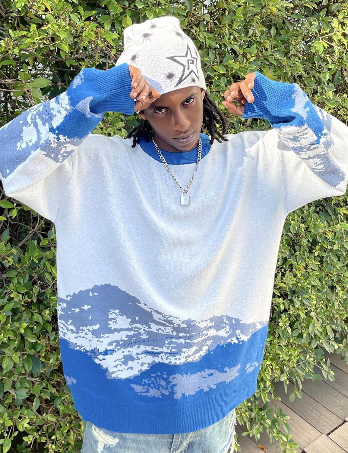 imageGihuo Mens Sweater Vintage Cow Printed Sweater Pullover Sweaters Crewneck Oversized Kawaii Sweater Knit Tops JumperBlue