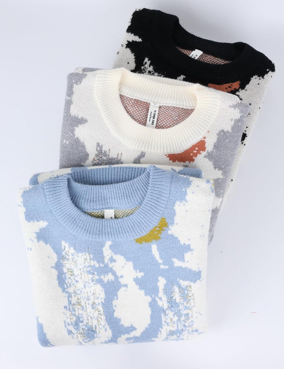imageGihuo Mens Sweater Vintage Cow Printed Sweater Pullover Sweaters Crewneck Oversized Kawaii Sweater Knit Tops JumperBwhite
