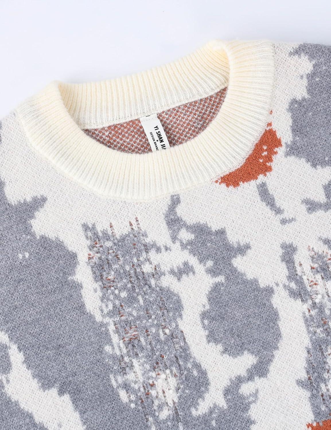 imageGihuo Mens Sweater Vintage Cow Printed Sweater Pullover Sweaters Crewneck Oversized Kawaii Sweater Knit Tops JumperBwhite