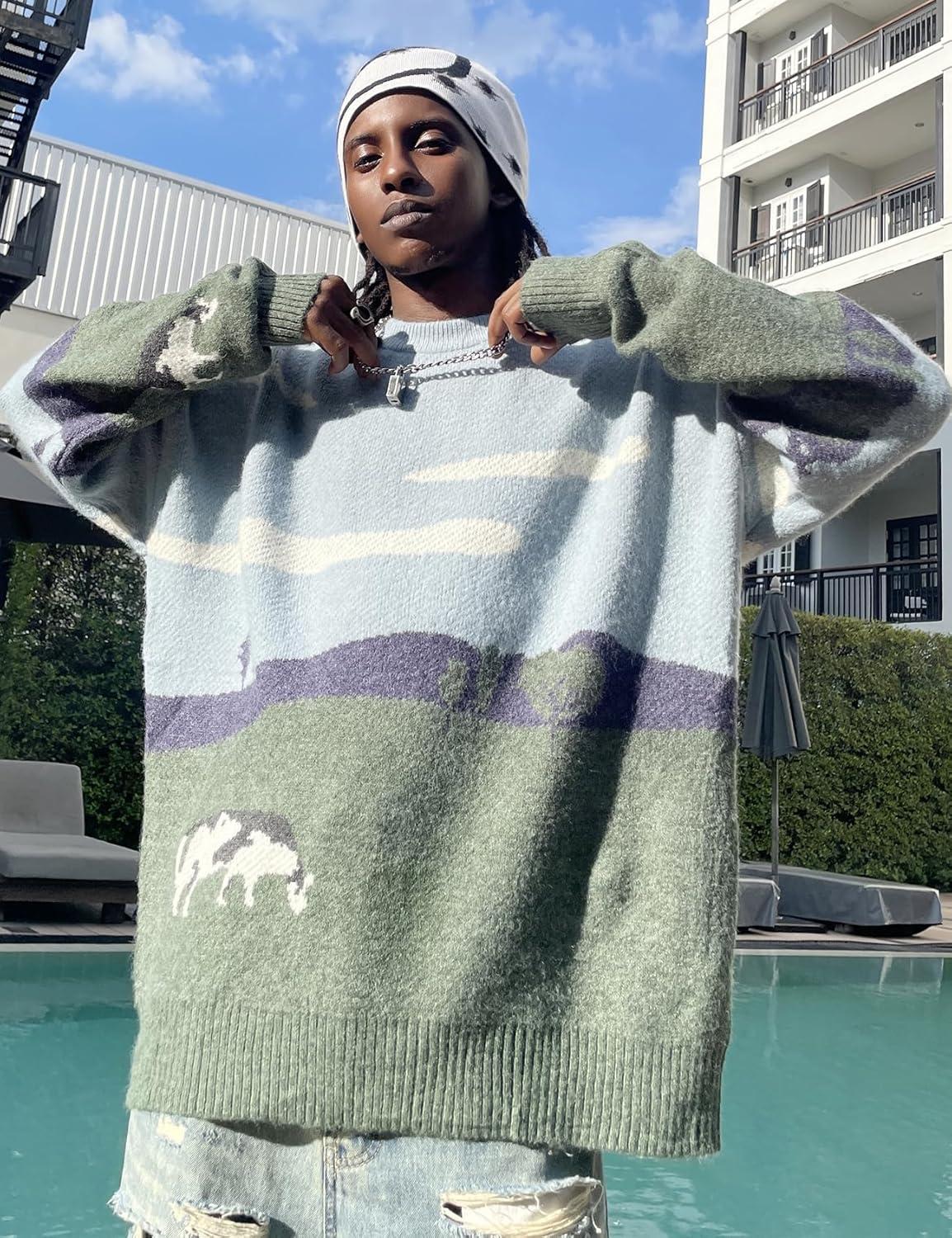 imageGihuo Mens Sweater Vintage Cow Printed Sweater Pullover Sweaters Crewneck Oversized Kawaii Sweater Knit Tops JumperGrey