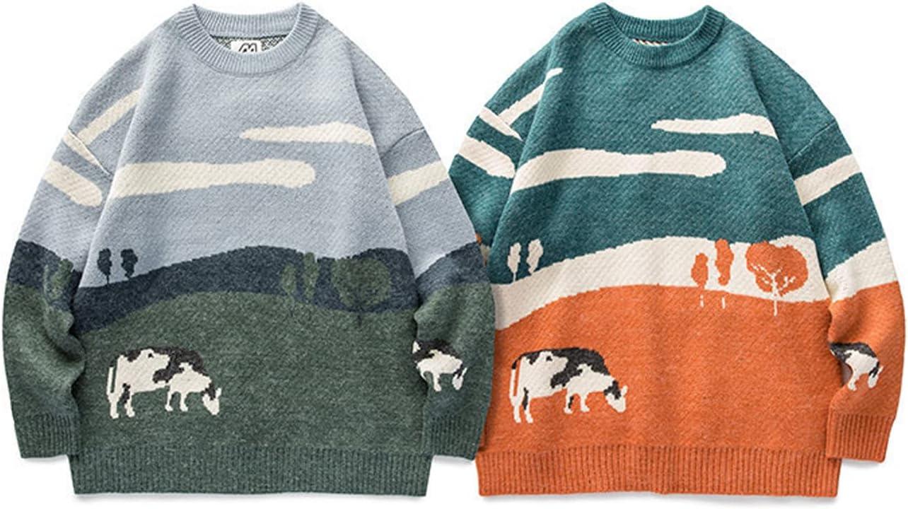 imageGihuo Mens Sweater Vintage Cow Printed Sweater Pullover Sweaters Crewneck Oversized Kawaii Sweater Knit Tops JumperGrey