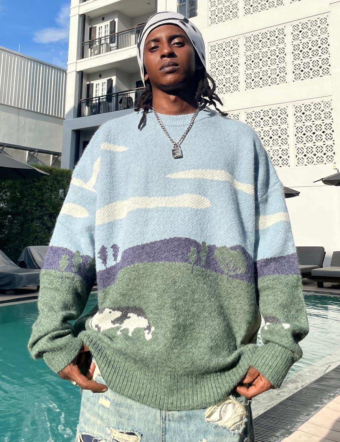 imageGihuo Mens Sweater Vintage Cow Printed Sweater Pullover Sweaters Crewneck Oversized Kawaii Sweater Knit Tops JumperGrey