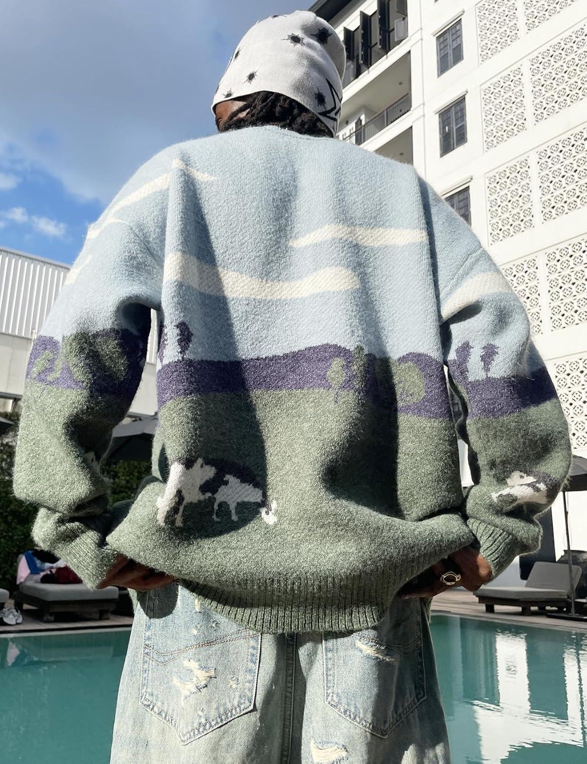 imageGihuo Mens Sweater Vintage Cow Printed Sweater Pullover Sweaters Crewneck Oversized Kawaii Sweater Knit Tops JumperGrey