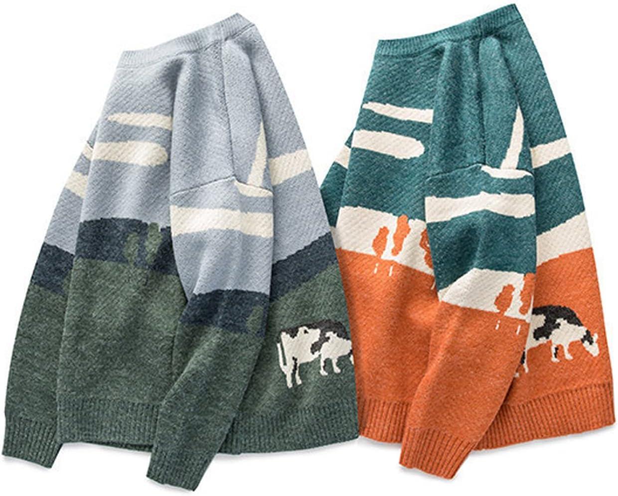 imageGihuo Mens Sweater Vintage Cow Printed Sweater Pullover Sweaters Crewneck Oversized Kawaii Sweater Knit Tops JumperGrey