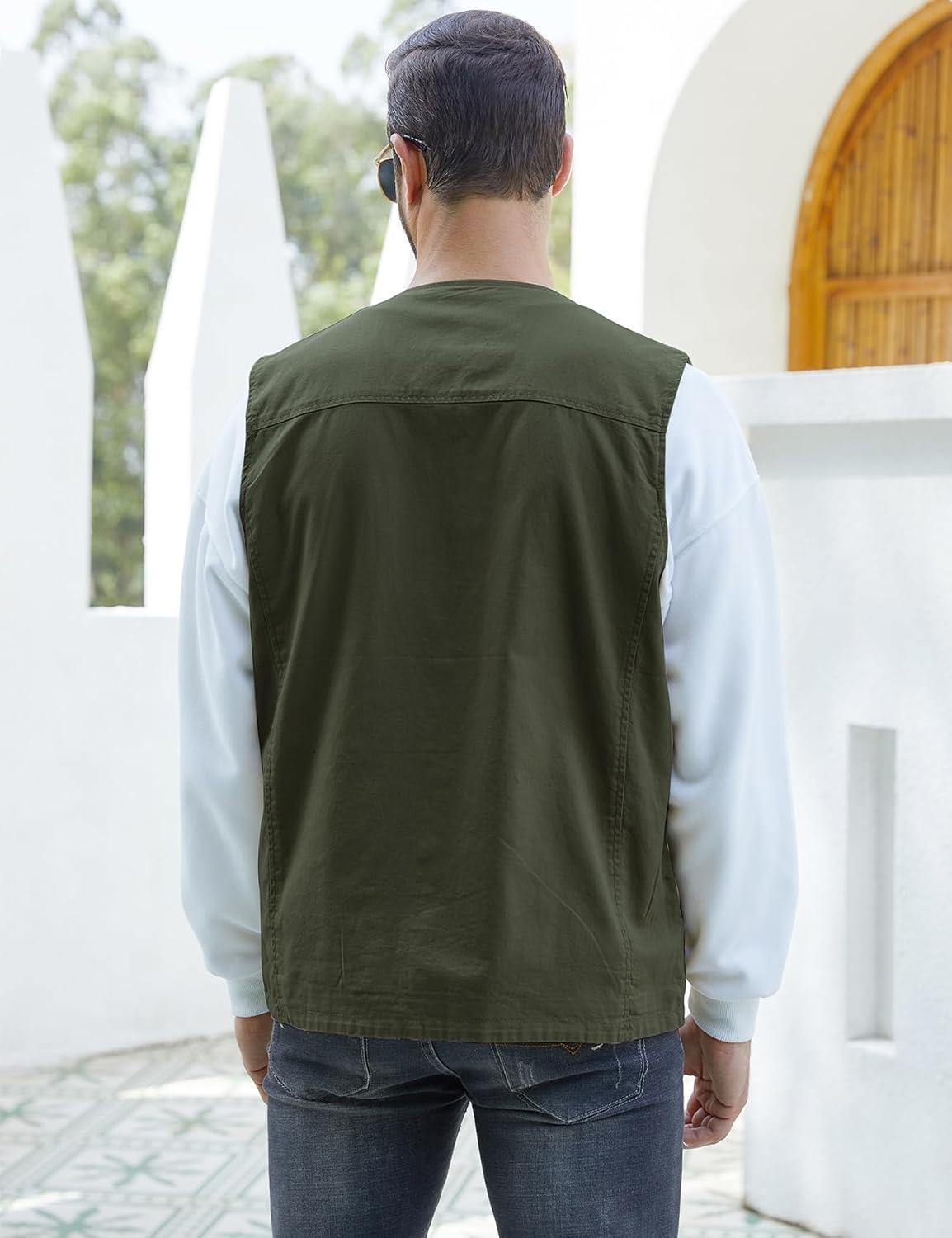 imageGihuo Mens Travel Vest Casual Outdoor MultiPocket VNeck Button Cotton Workwear VestArmy Green