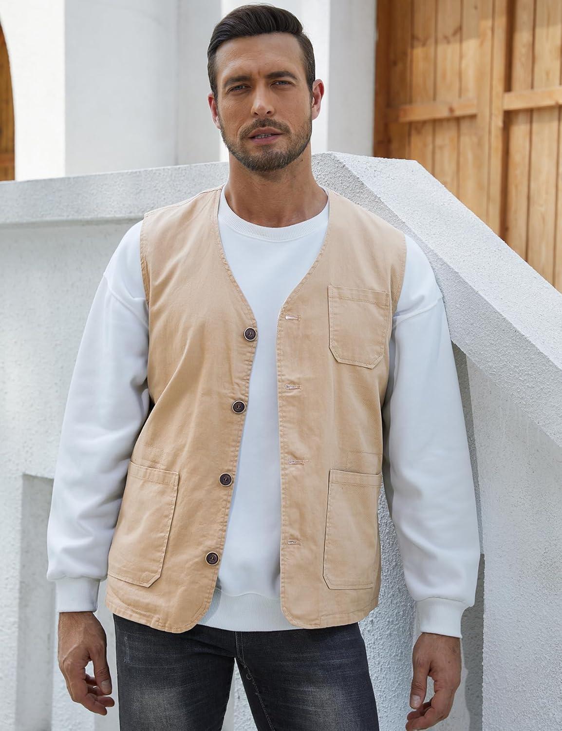 imageGihuo Mens Travel Vest Casual Outdoor MultiPocket VNeck Button Cotton Workwear VestBeige
