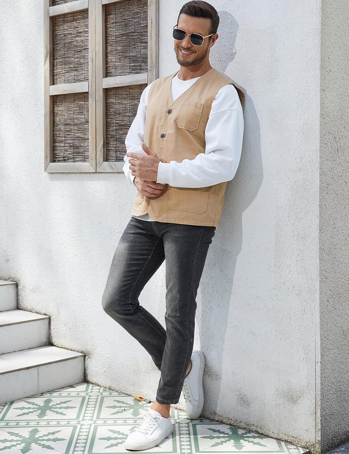 imageGihuo Mens Travel Vest Casual Outdoor MultiPocket VNeck Button Cotton Workwear VestBeige