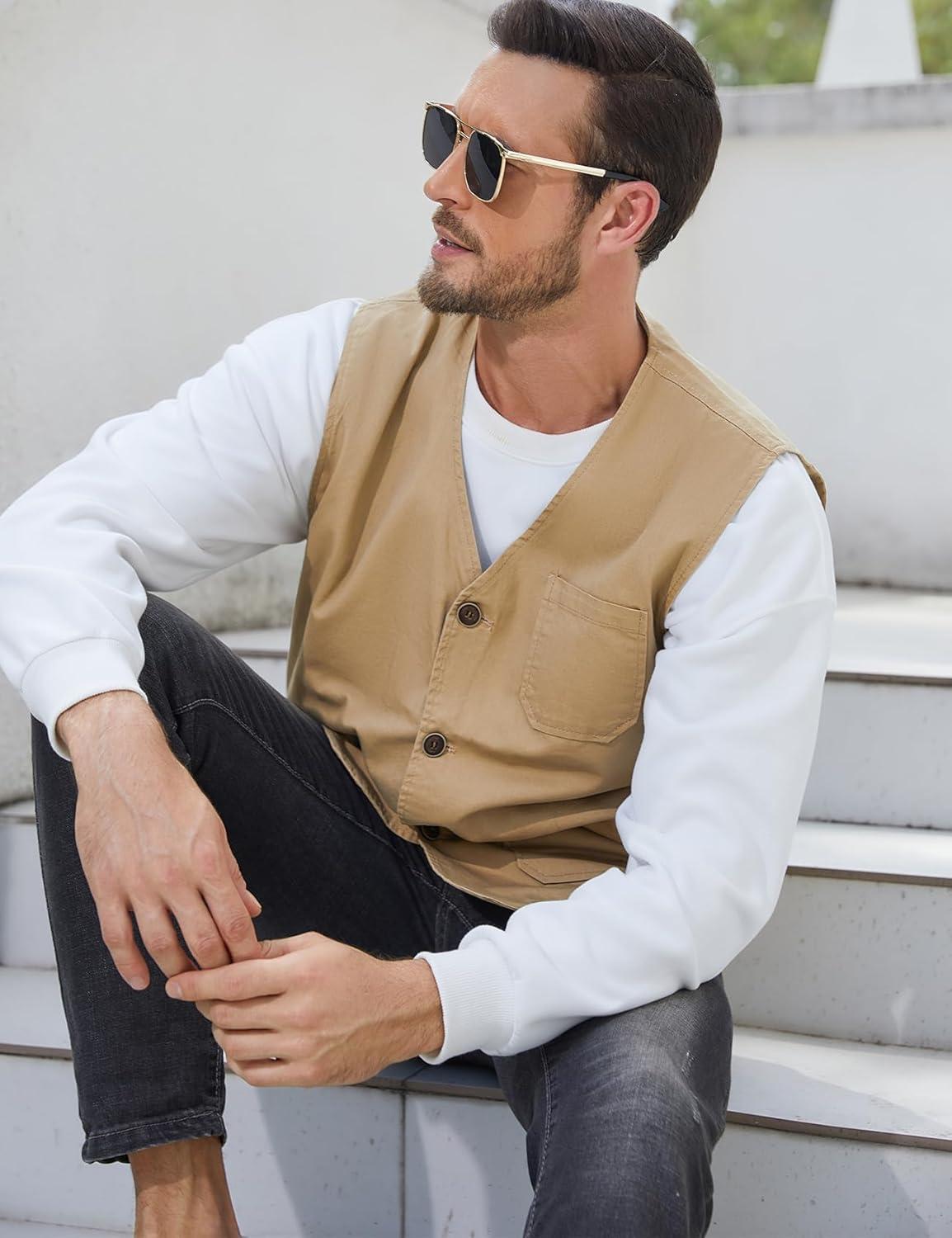 imageGihuo Mens Travel Vest Casual Outdoor MultiPocket VNeck Button Cotton Workwear VestKhaki
