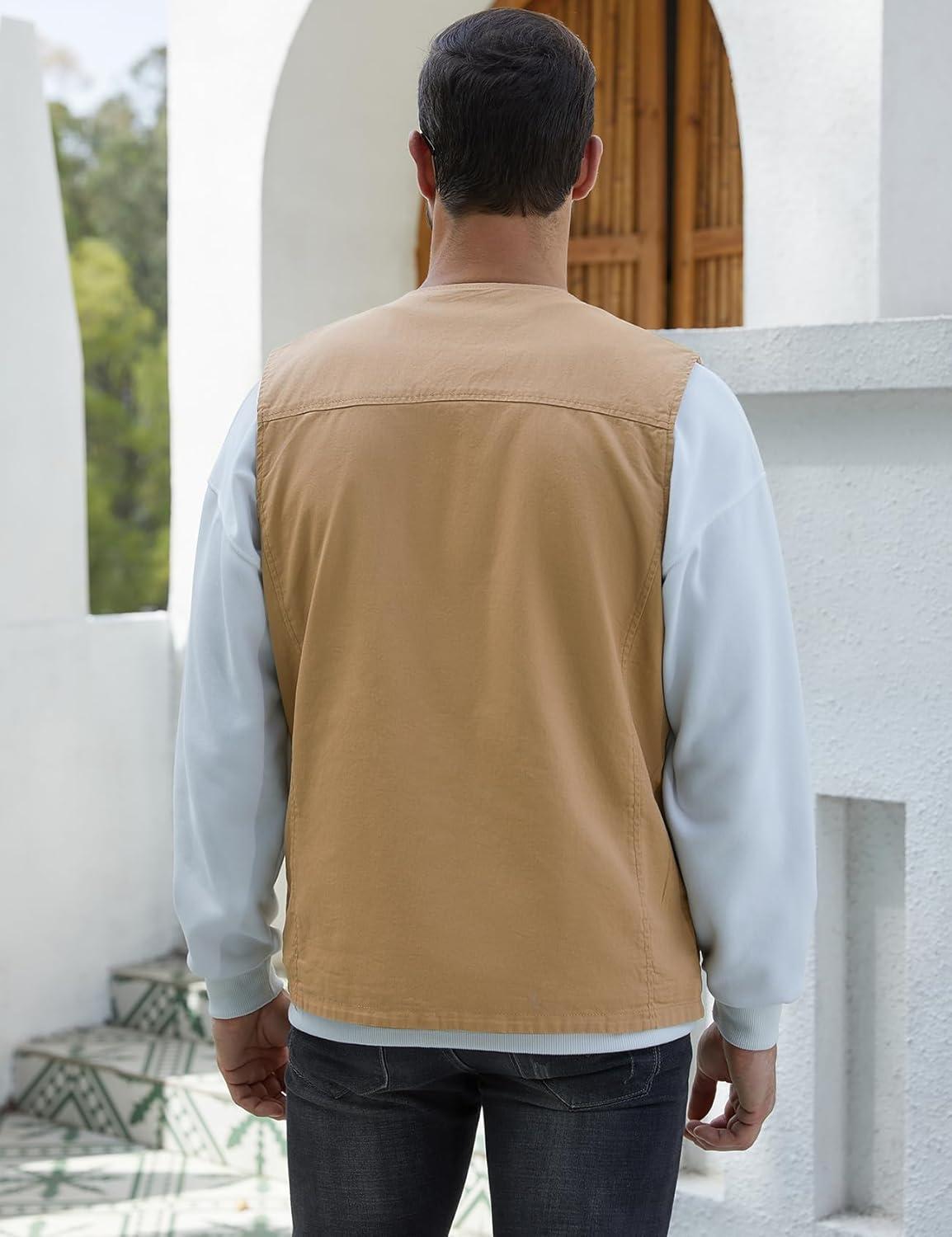 imageGihuo Mens Travel Vest Casual Outdoor MultiPocket VNeck Button Cotton Workwear VestKhaki