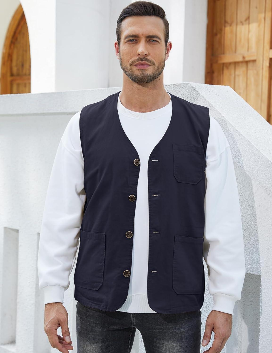 imageGihuo Mens Travel Vest Casual Outdoor MultiPocket VNeck Button Cotton Workwear VestNavy