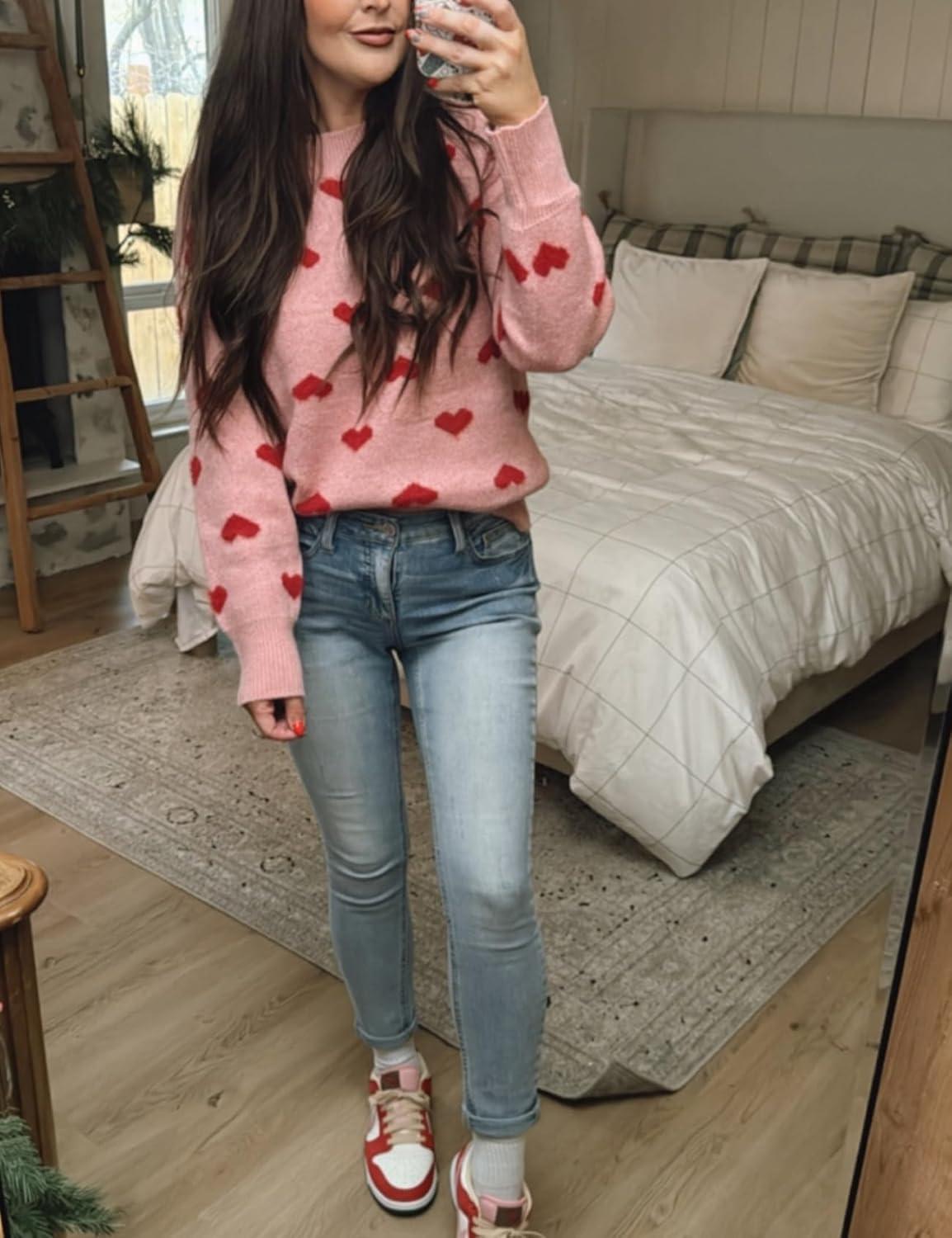 imageGihuo Valentine Heart Sweater for Women Cute Kawaii Casual Crewneck Knitted PulloverPink