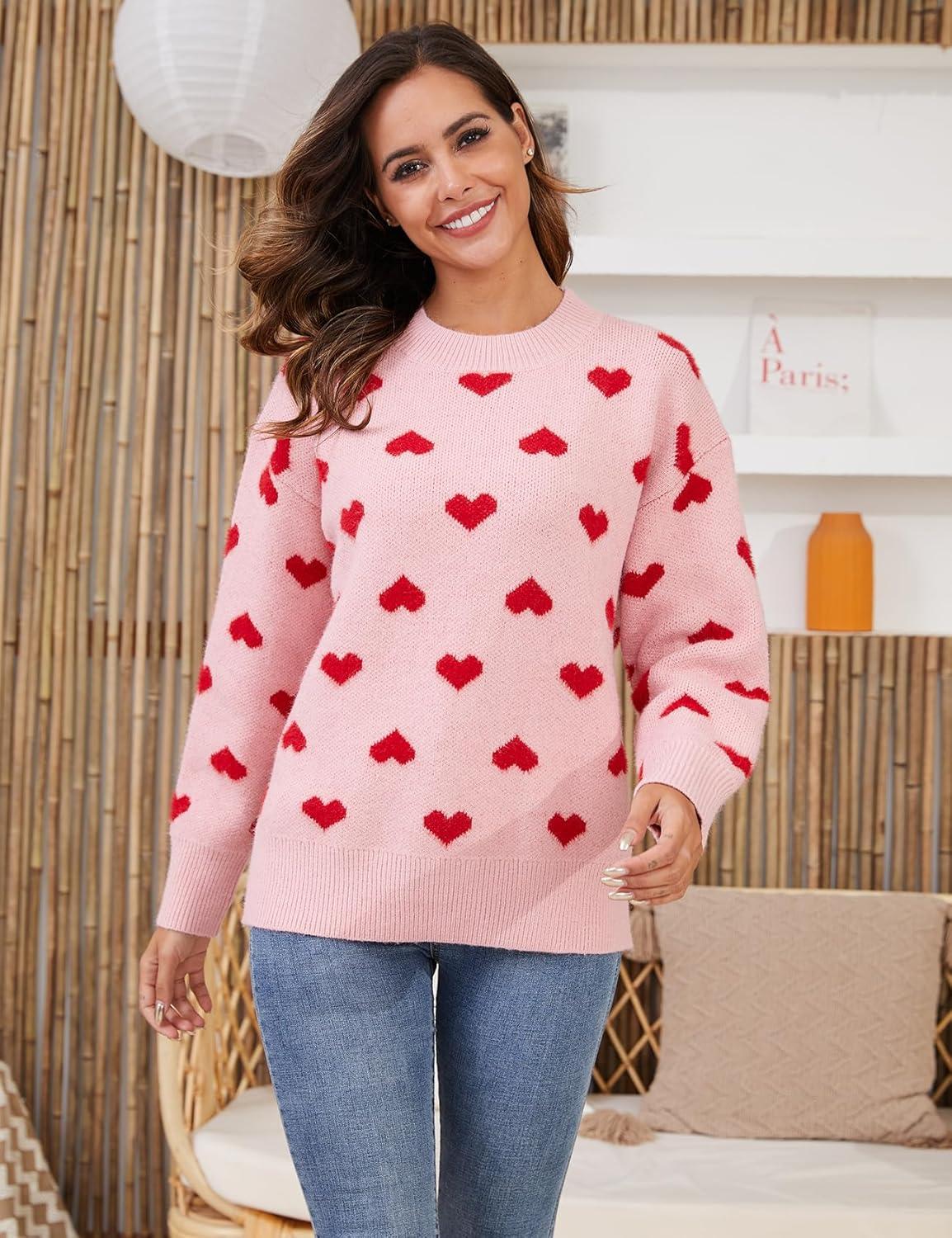 imageGihuo Valentine Heart Sweater for Women Cute Kawaii Casual Crewneck Knitted PulloverPink
