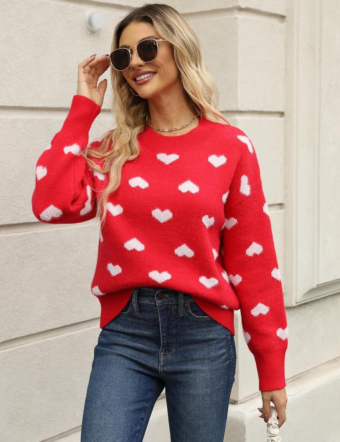 imageGihuo Valentine Heart Sweater for Women Cute Kawaii Casual Crewneck Knitted PulloverRed