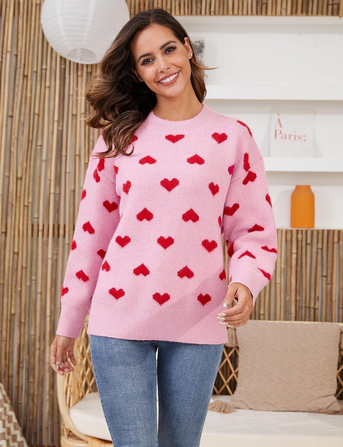 imageGihuo Valentine Heart Sweater for Women Cute Kawaii Casual Crewneck Knitted PulloverRosered