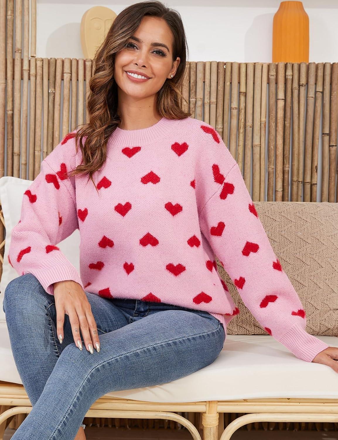 imageGihuo Valentine Heart Sweater for Women Cute Kawaii Casual Crewneck Knitted PulloverRosered