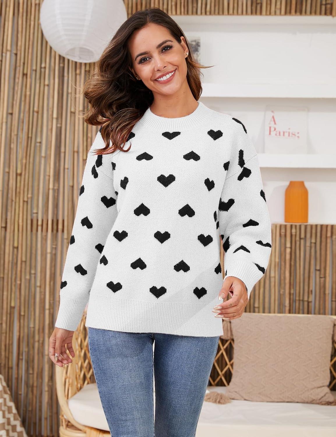 imageGihuo Valentine Heart Sweater for Women Cute Kawaii Casual Crewneck Knitted PulloverWhite