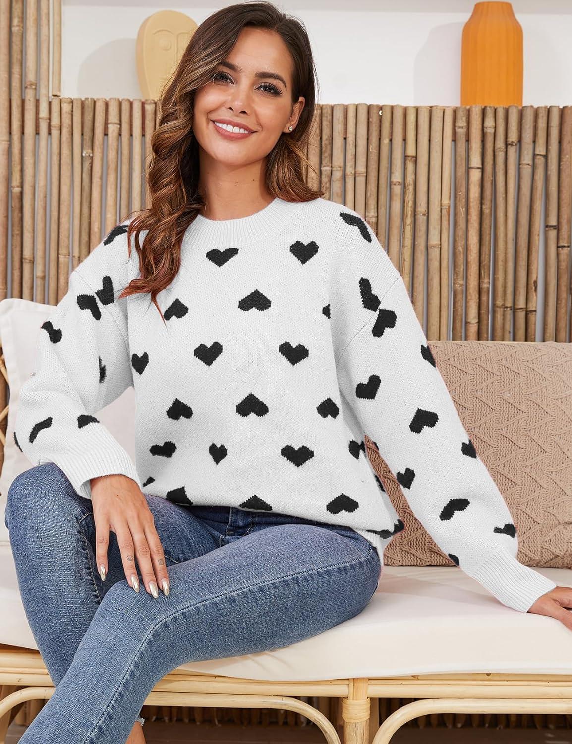 imageGihuo Valentine Heart Sweater for Women Cute Kawaii Casual Crewneck Knitted PulloverWhite