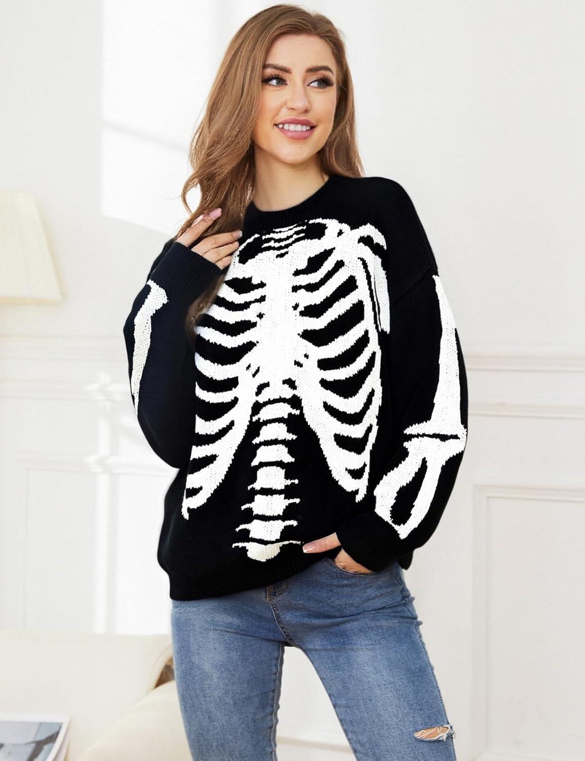 imageGihuo Women Dinosaur Oversized Sweater Graphic Crewneck Knitted Pullover Casual Loose Fit Jumper TopsBblack