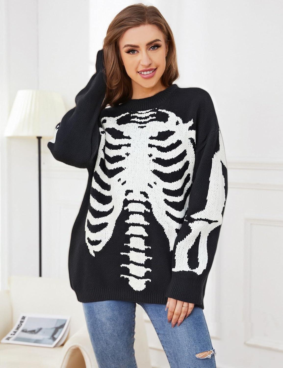 imageGihuo Women Dinosaur Oversized Sweater Graphic Crewneck Knitted Pullover Casual Loose Fit Jumper TopsBblack