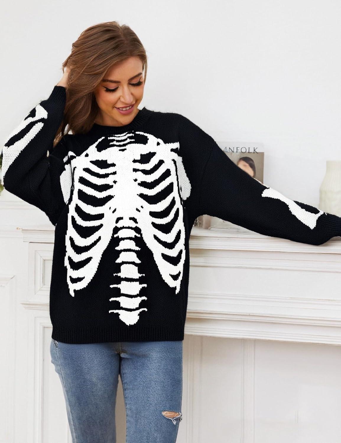 imageGihuo Women Dinosaur Oversized Sweater Graphic Crewneck Knitted Pullover Casual Loose Fit Jumper TopsBblack