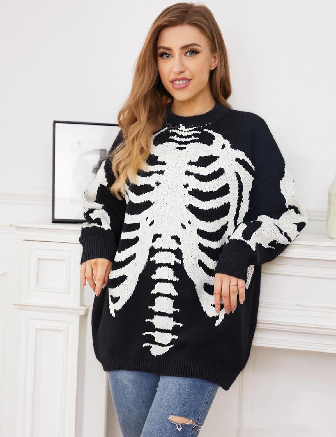 imageGihuo Women Dinosaur Oversized Sweater Graphic Crewneck Knitted Pullover Casual Loose Fit Jumper TopsBblack