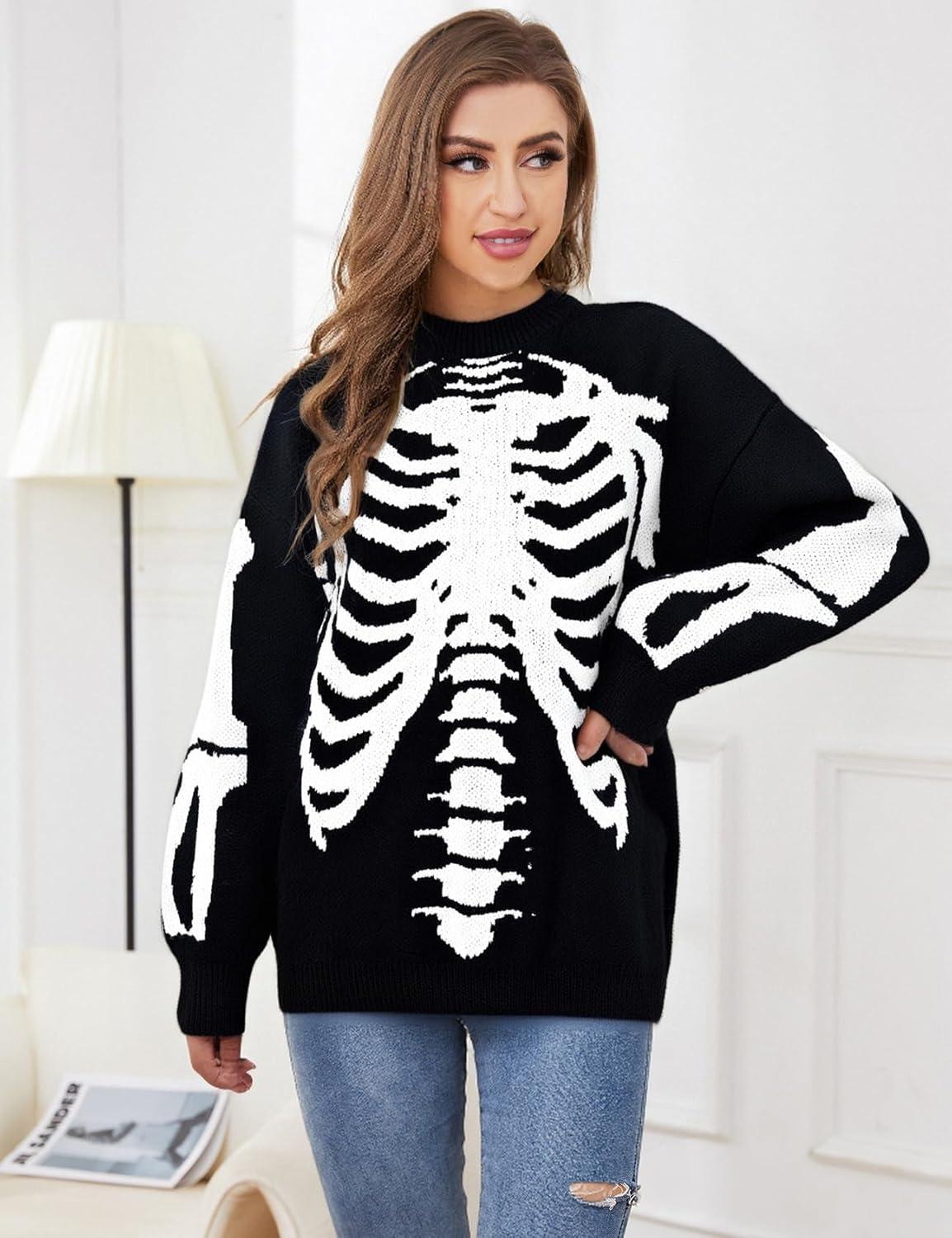 imageGihuo Women Dinosaur Oversized Sweater Graphic Crewneck Knitted Pullover Casual Loose Fit Jumper TopsBblack