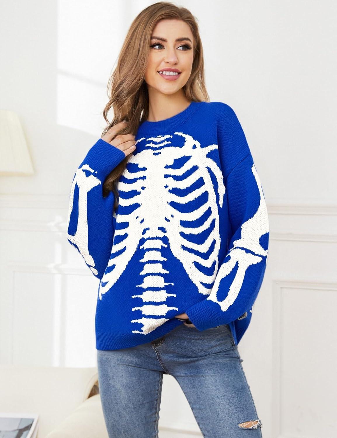 imageGihuo Women Dinosaur Oversized Sweater Graphic Crewneck Knitted Pullover Casual Loose Fit Jumper TopsBlueskeleton