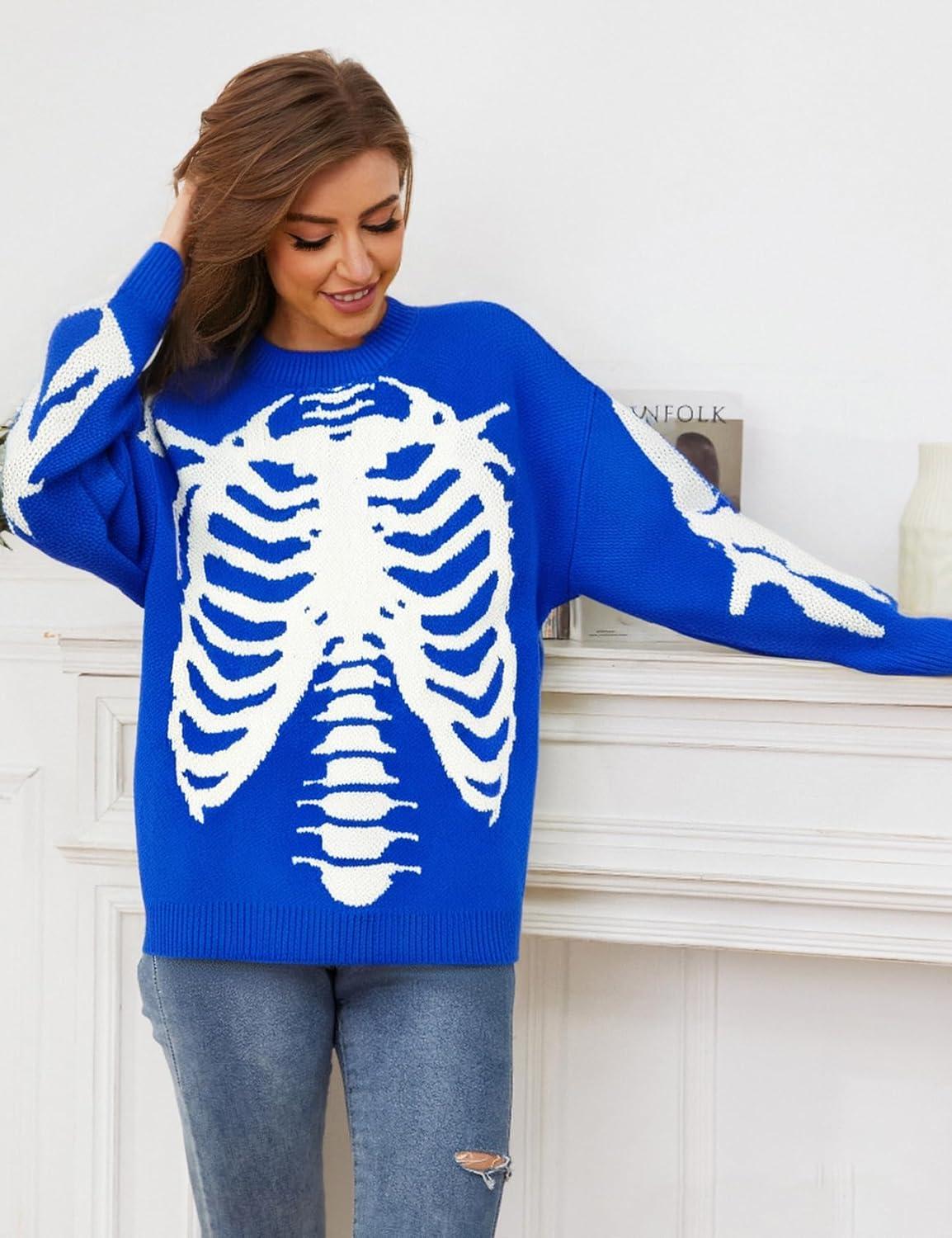 imageGihuo Women Dinosaur Oversized Sweater Graphic Crewneck Knitted Pullover Casual Loose Fit Jumper TopsBlueskeleton