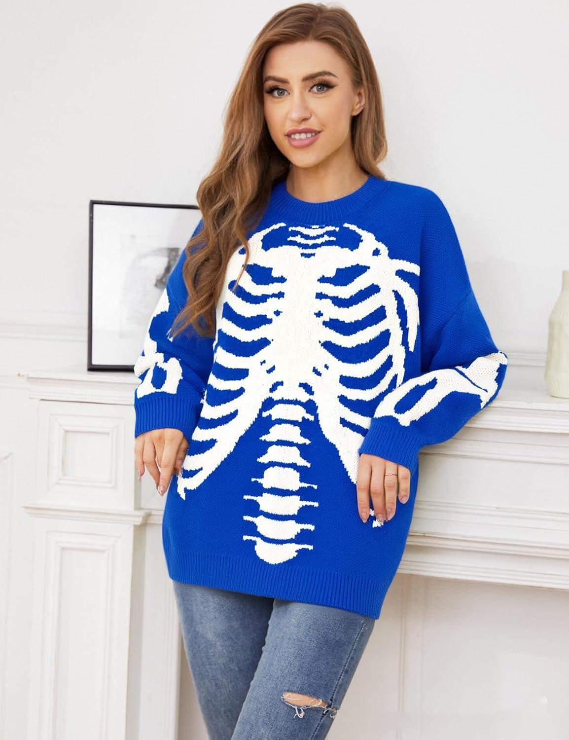 imageGihuo Women Dinosaur Oversized Sweater Graphic Crewneck Knitted Pullover Casual Loose Fit Jumper TopsBlueskeleton
