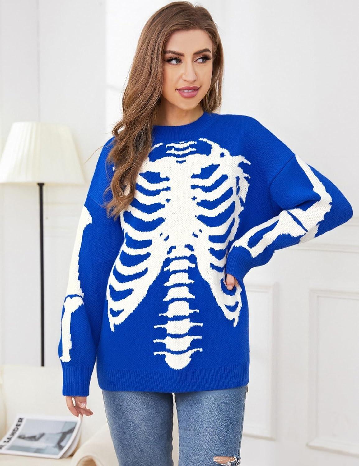 imageGihuo Women Dinosaur Oversized Sweater Graphic Crewneck Knitted Pullover Casual Loose Fit Jumper TopsBlueskeleton