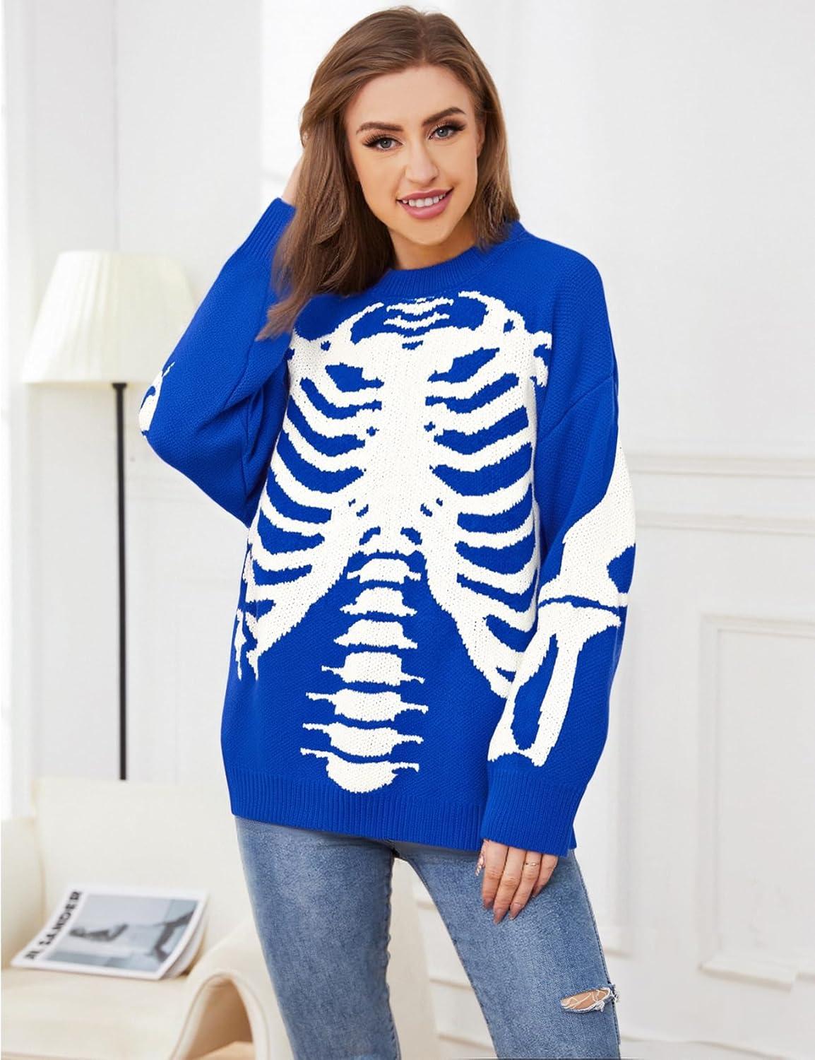 imageGihuo Women Dinosaur Oversized Sweater Graphic Crewneck Knitted Pullover Casual Loose Fit Jumper TopsBlueskeleton