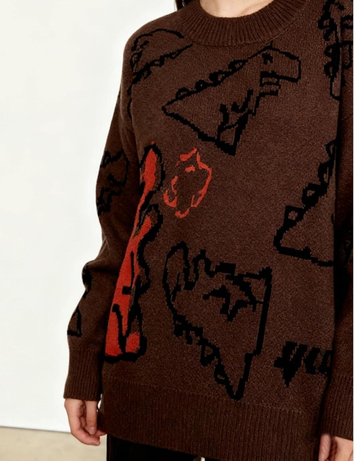 imageGihuo Women Dinosaur Oversized Sweater Graphic Crewneck Knitted Pullover Casual Loose Fit Jumper TopsBrown